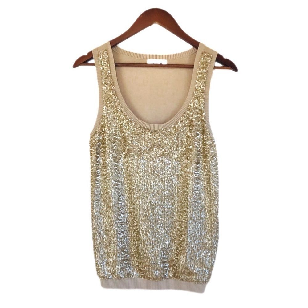 CALVIN KLEIN Gold Sequin Tank Top Sleeveless Blouse Silk Blend Metallic Small